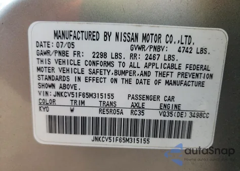 2005 Infiniti G35 from USA, damaged, VIN JNKCV51F65M315155